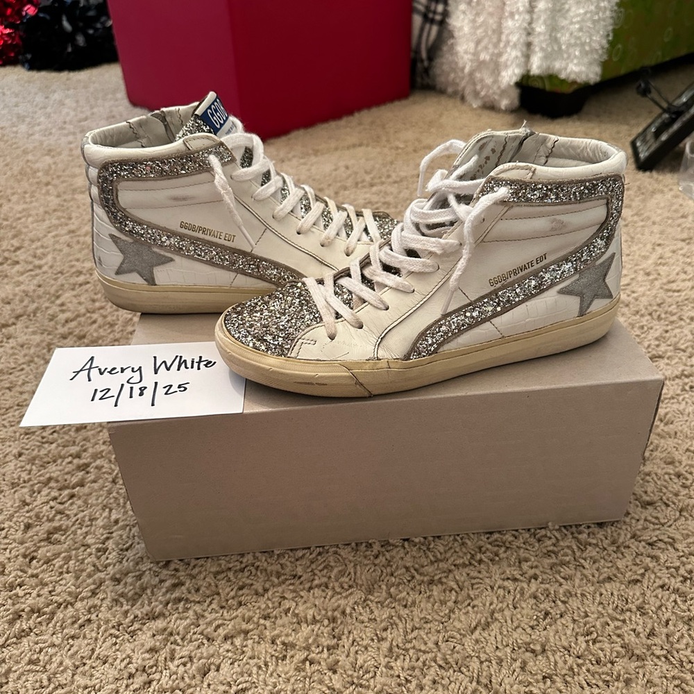 Golden Goose Women's White and Silver Glitter Sneakers